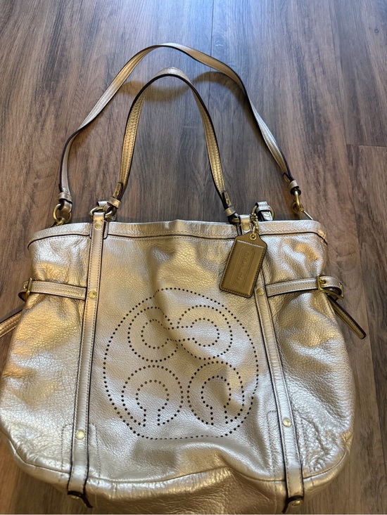 Coach Handbags - Coach Metallic Gold Leather Tote with Perforated Signature Motif